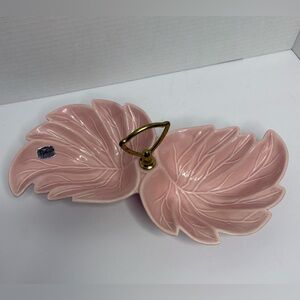 Pink Leaf-Shaped Ceramic Serving Dish with Handle Vintage